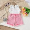 Baby Girls 2-Piece Outfit, Ribbed Ruffle Neck Top and Embellished Denim Shorts