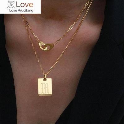 Gothic A -Z Initial Letter Statement Necklace For Women Men Stianless Steel Square Letter Rectangle Medallion Choker Jewelry