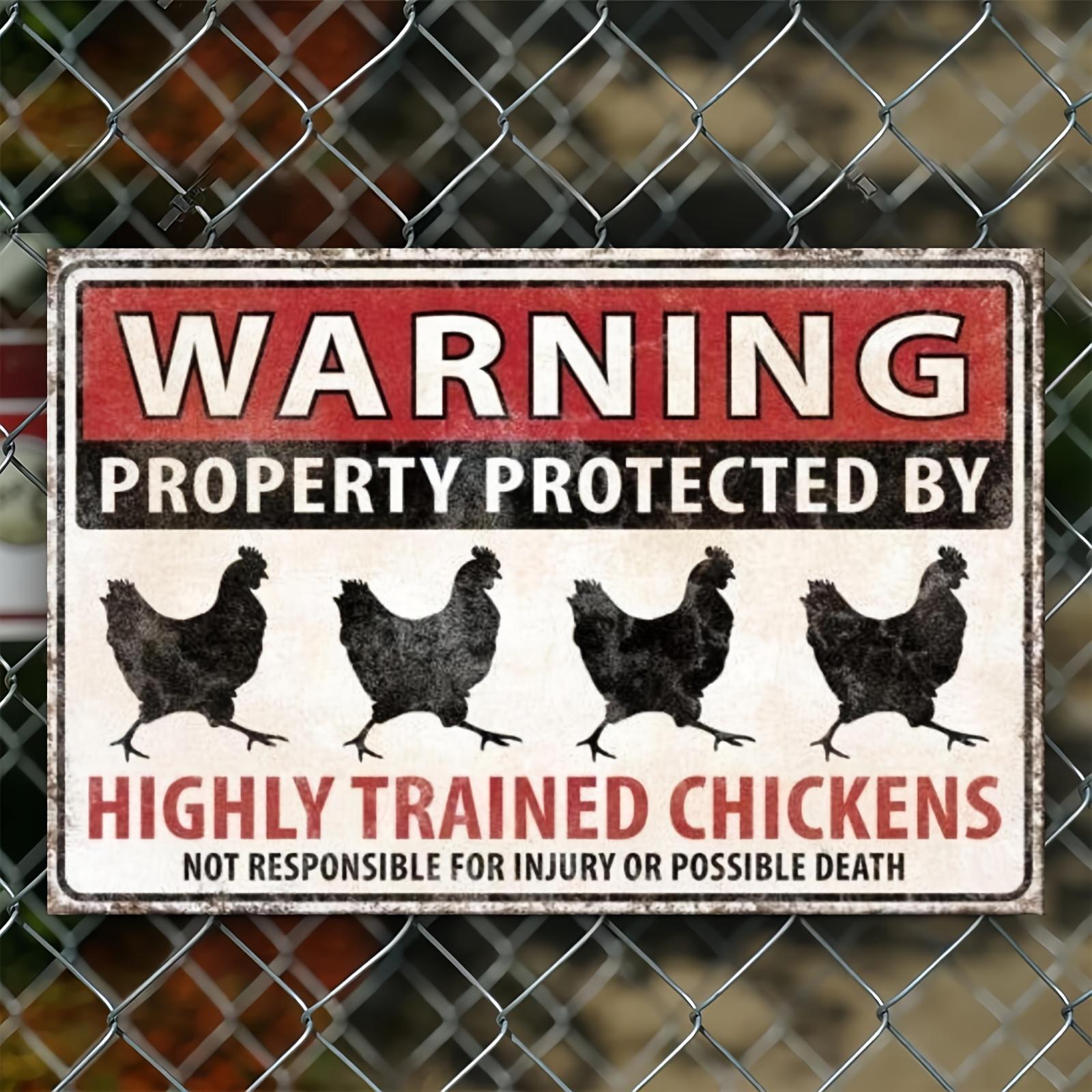 D Flat pc Vintage Metal Tin Sign Funny Farm Warning Decoration with Highly Trained Chickens Rustic Red Black Retro De 20x30cm(7.8x11.8inch)