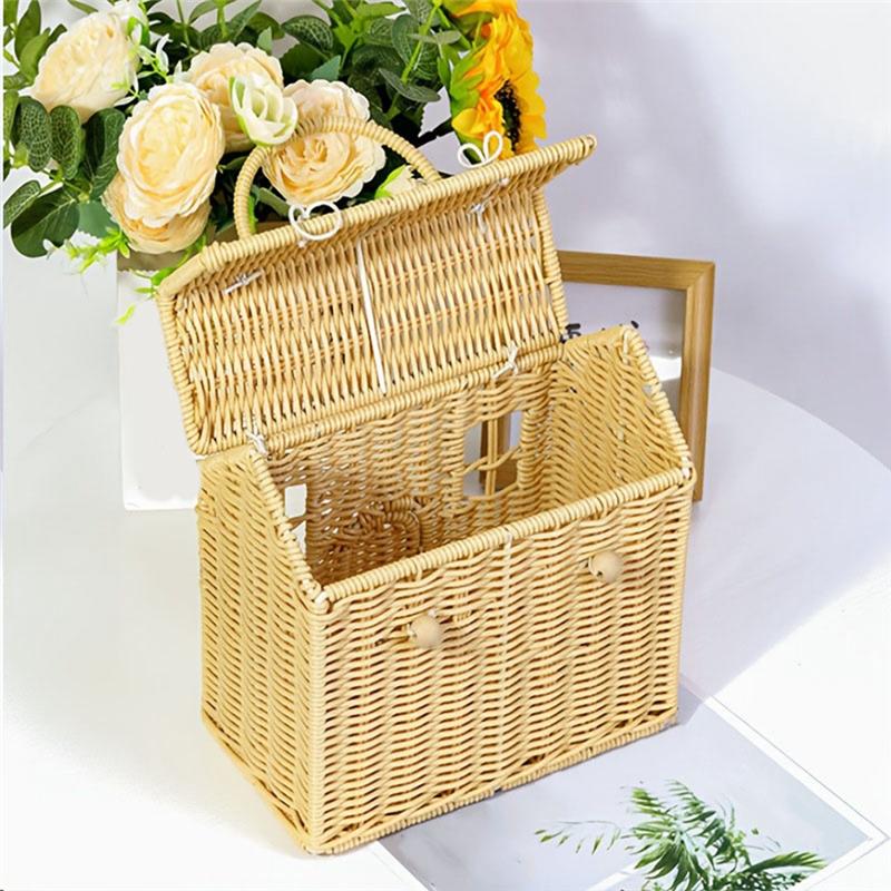 A74E-Rattan House Shaped Basket With Lid, Decorative Hand Woven Shelf Organizer Featuring A Folding Handle, Harvest Wicker Baske