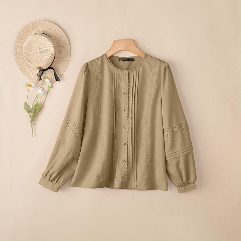 

ZANZEA Жіноча повсякденна блузка з круглим вирізом, однотонна, з довгим рукавом 5XL хакі