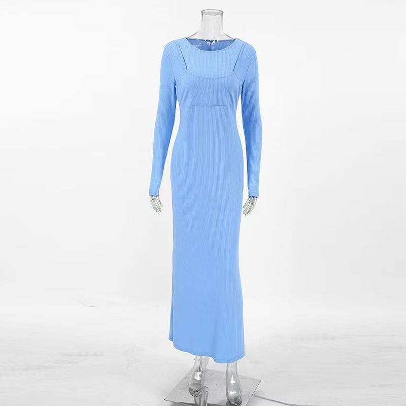 

European and American Autumn Sexy Knitted Sunken Stripe round Neck Straight Slit Dress round Neck Neck Slit Dress Blue L