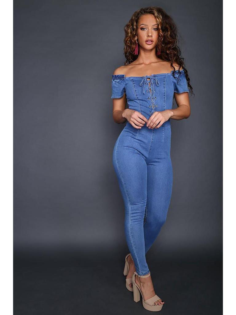 Women's One-shoulder Eyelet Lace-up Sexy Denim Jumpsuit - European & American Fashion 2023