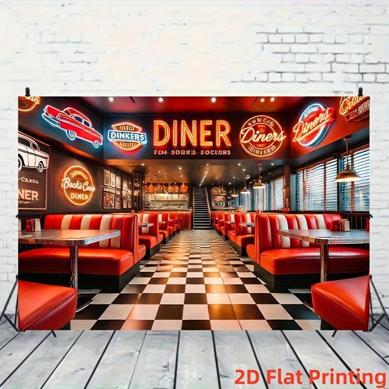 2D Flat Retro American Restaurant Background Fabric - Red and White Checkered Floor Neon Sign and Car Design