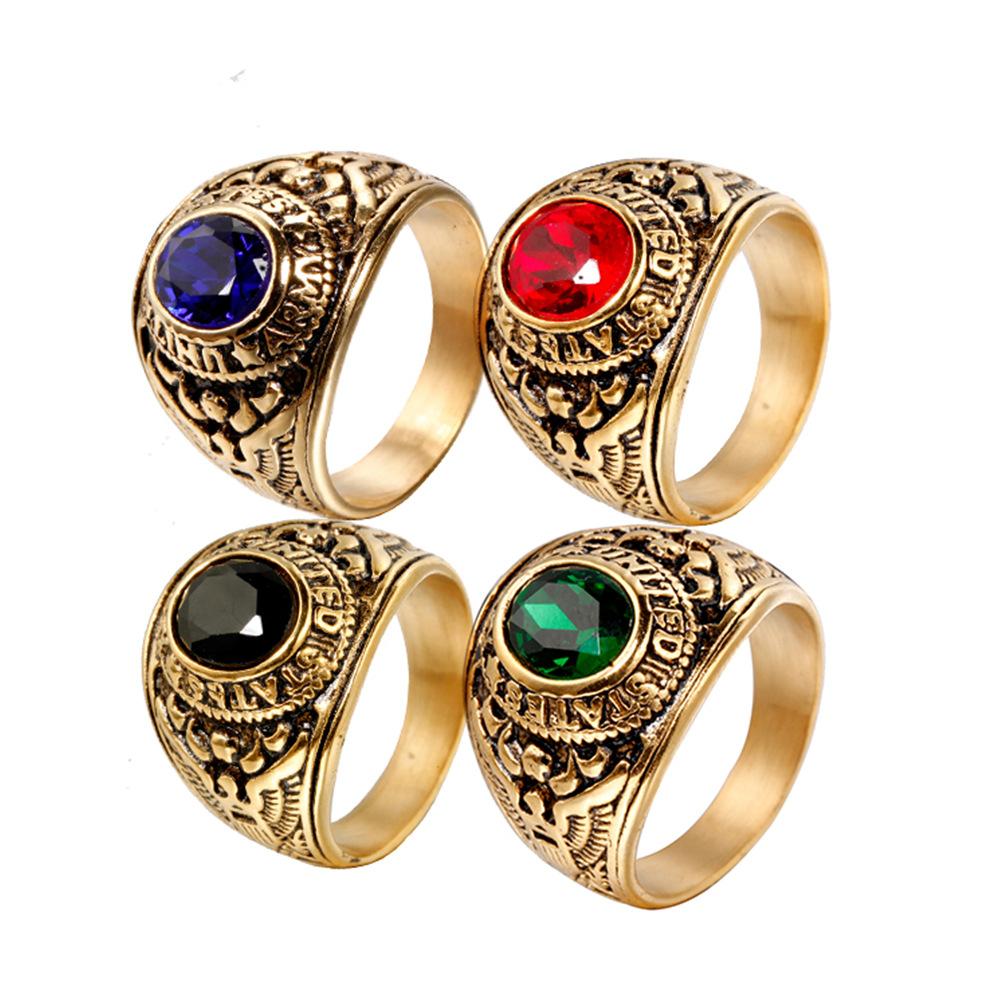 Stainless Steel Eagle Ring Military Vintage Band with Diamond Multi Color Titanium Jewelry