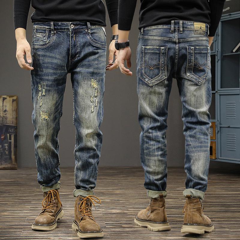 Fashion Men Jeans Retro  Blue Elastic Slim Fit Ripped Jeans Men Trousers Vintage Designer Casual Denim Pants