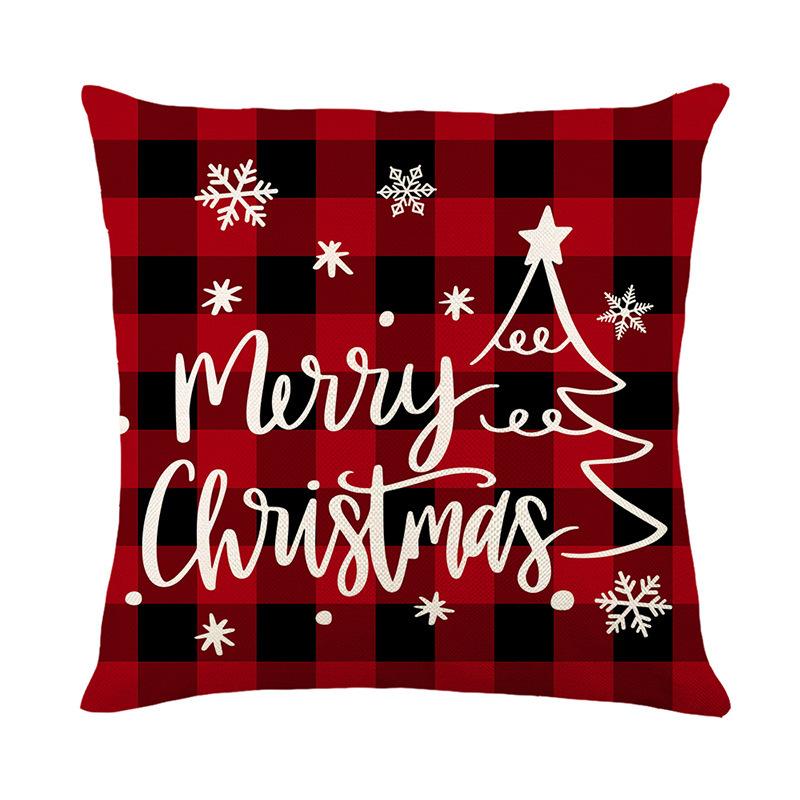 Christmas Red and Black Plaid Pillowcase Linen Print Christmas Tree Letter Cushion Cover Cushion Cover Christmas Atmosphere