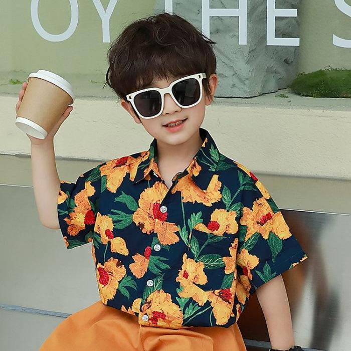 Boys Summer Retro Short Sleeve Floral Shirt Stylish and Versatile