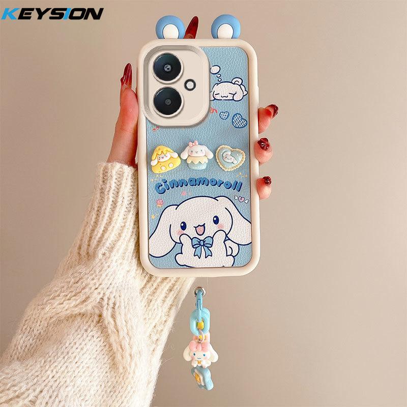 KEYSION Cute Ear 3D Cartoon Case for Redmi 13C 4G 5G with Bracelet Soft Silicone Shockproof Phone Cover for Xiaomi POCO C65