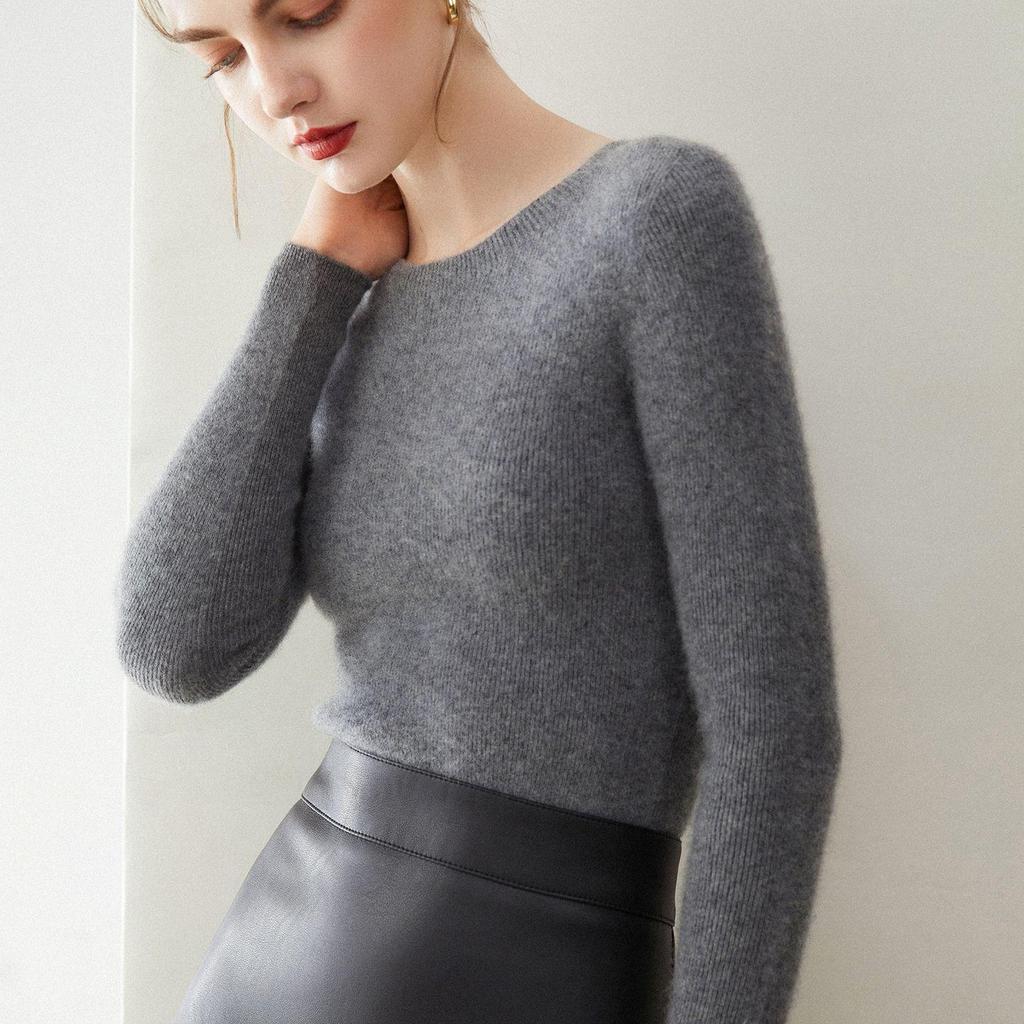 Elegant Women's Round Neck 100% Cashmere Slim Fit Sweater Dress