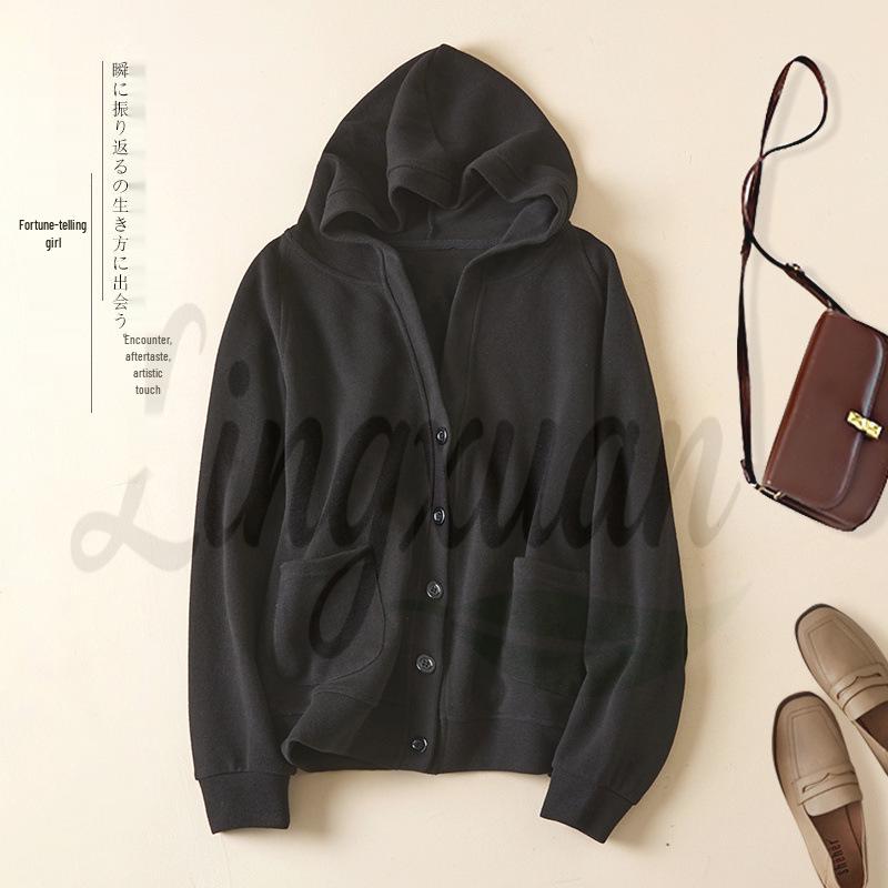 

Versatile Women s Pure Cotton Hooded Short Jacket - Solid Color Autumn Long Sleeve Sweatshirt L чёрный