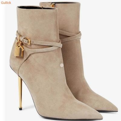 Solid Color Pointed Toe Ankle Boots Gold Lock Metal Heel Stiletto Heel 10CM Women Patent Leather Suede Short Boots 44 SIZE