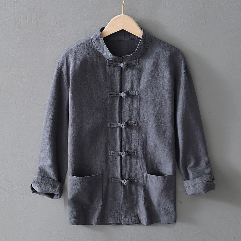 2026 Men's Chinese Style Cotton Linen Long Sleeve Tang Suit Hanfu Shirt, Plus Size Loungewear