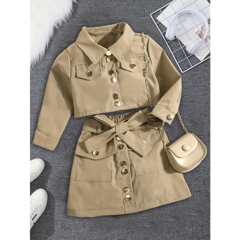 

Стильный укороченный топ с карманами, украшенный пуговицами, и юбка с поясом-бантом для девочек - Модный, элегантный, идеально подходит для весенне-осенней носки 130 хаки