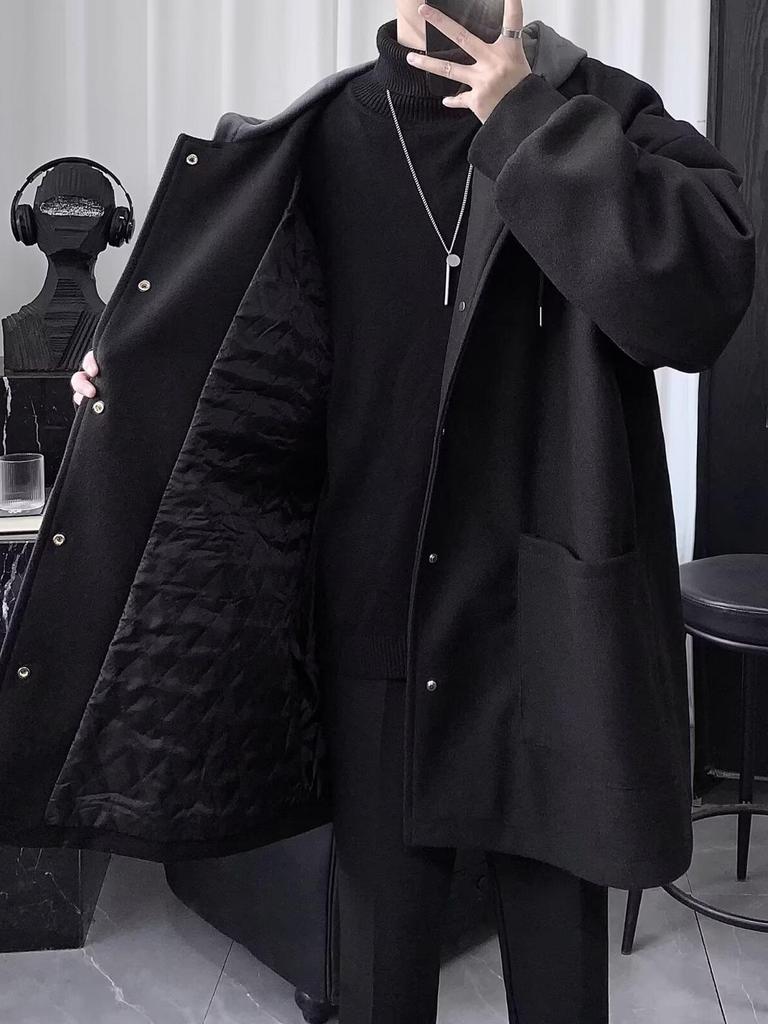 Men's British Style Hooded Wool Trench Coat, Mid-Length, Thick Cotton, Over-the-Knee Winter Jacket