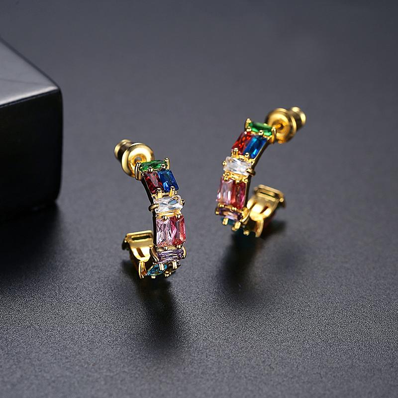 LUOTEEMI Gold Plated Brass 3A Zircon Rainbow Color Hoop Easter CZ Earrings Women Hoop Earing
