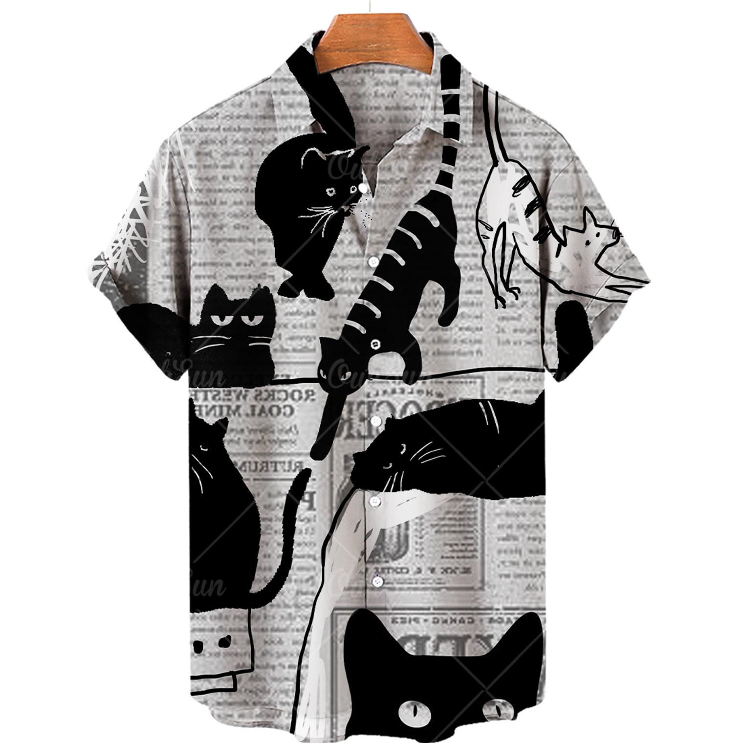

С милым принтом кота мужская рубашка забавные аниме коты мужская рубашка с воротником на пуговицах лацкан модная гавайская рубашка с коротким рукавом повседневная 5XL