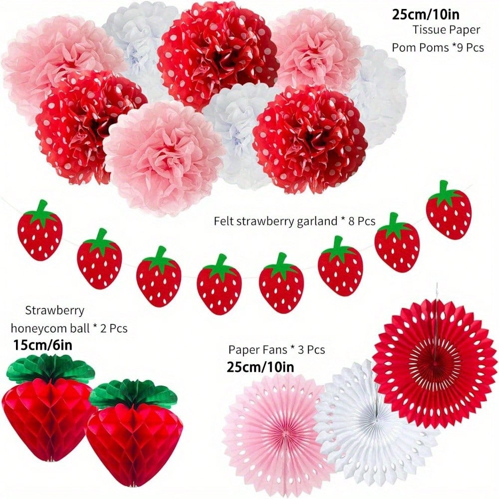 22pcs Strawberry Tissue Pom Poms - Red, Pink, White Decorations Set with Green Leaves, Perfect for 1st Birthday Decorations
