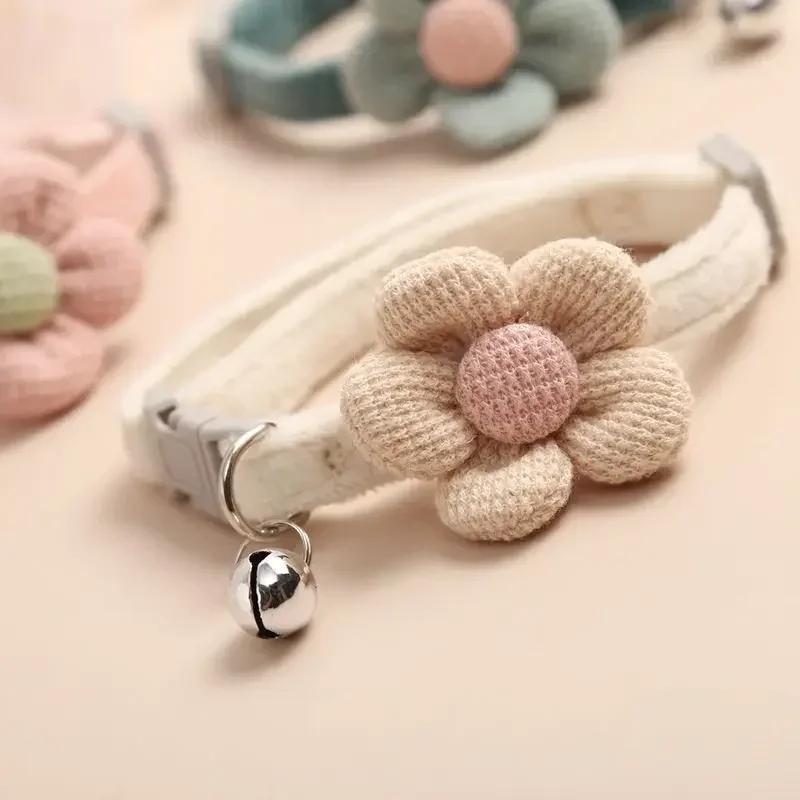 Adjustable Cat Collar with Cute Plush Flower and Bell Soft Kitten Necklace for Small Dogs Pet Accessories