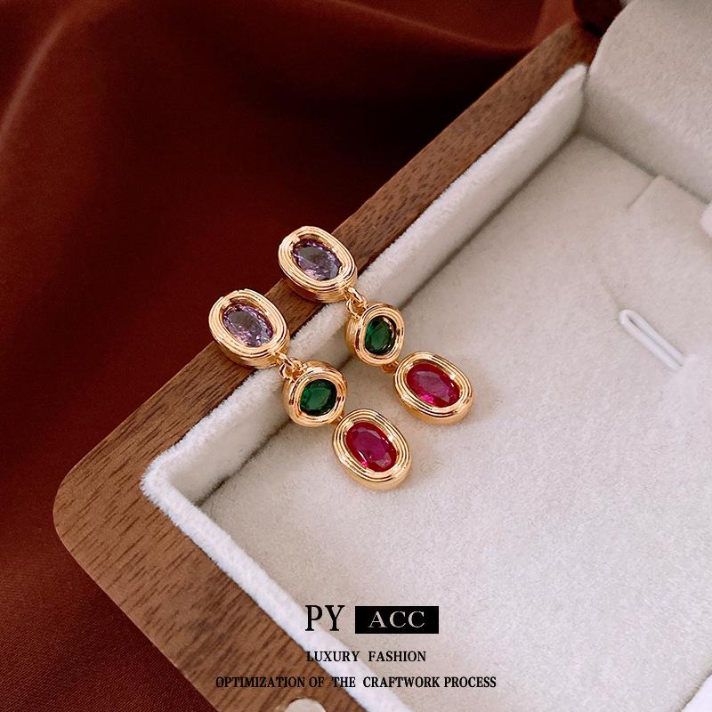 Vintage Silver Needle Zircon Oval Earrings - Retro High-End Women's Jewelry