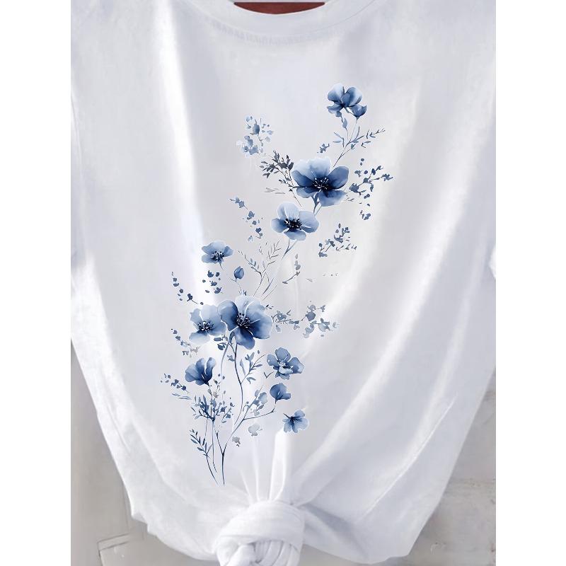 European Size 2026 New Summer Women's Elegant Blue Floral Print Short Sleeve Fashion Personality Casual Comfortable Figure-Flattering Ice Fabric