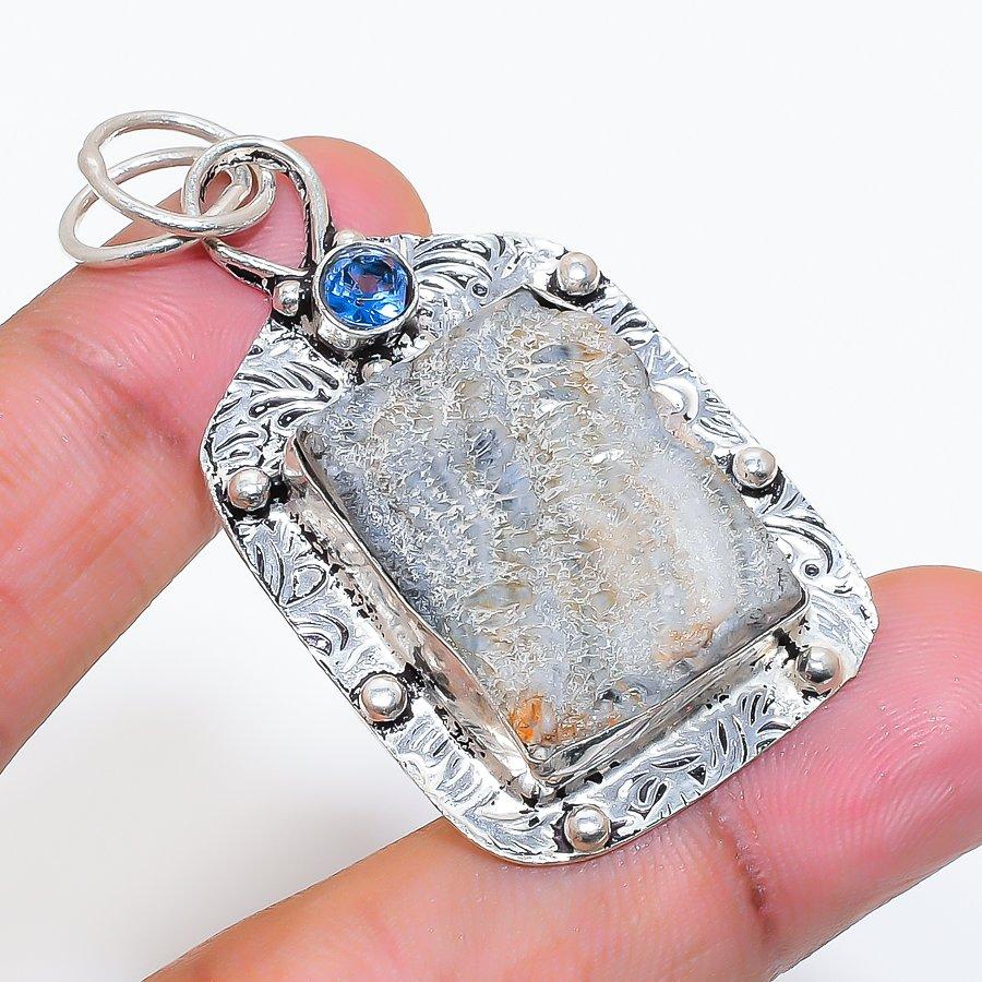 Natural Desert Rose Druzy, Topaz 925 Sterling Silver Jewelry Pendant 2.17" ZS-44