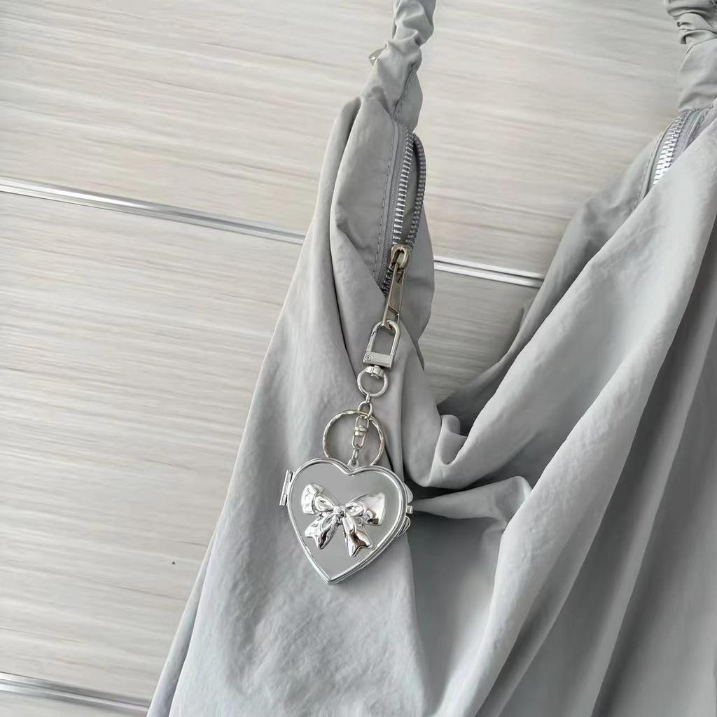 Korean Vintage Y2K Silver Heart Bow Pendant Keychain Charm