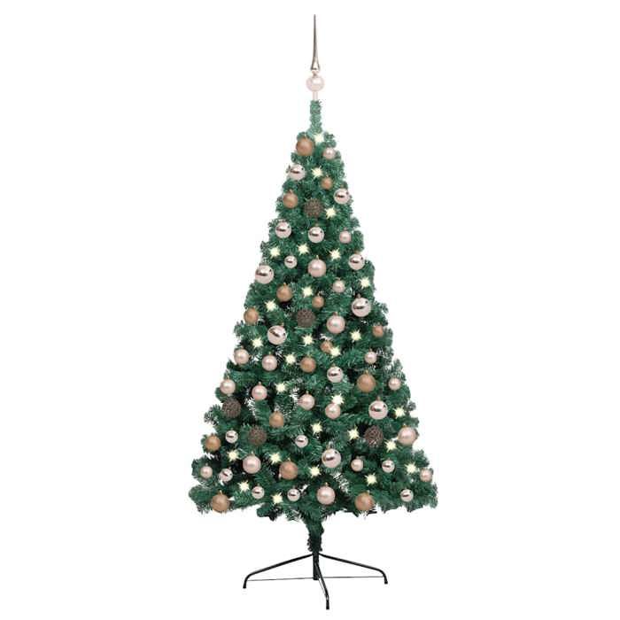 Maison Exclusive - Demi-arbre de Noël artificiel pré-éclairé et boules vert 120 cm