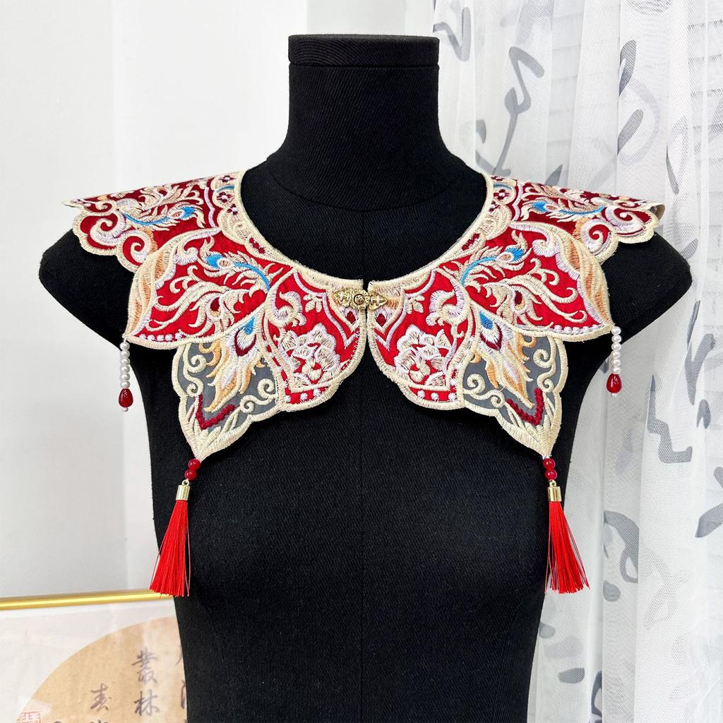 Ethnic Fringed Faux Collar Decorative Half Shawl Cloud Shoulder Collar for Chinese Ancient Costume Festival Neckpiece