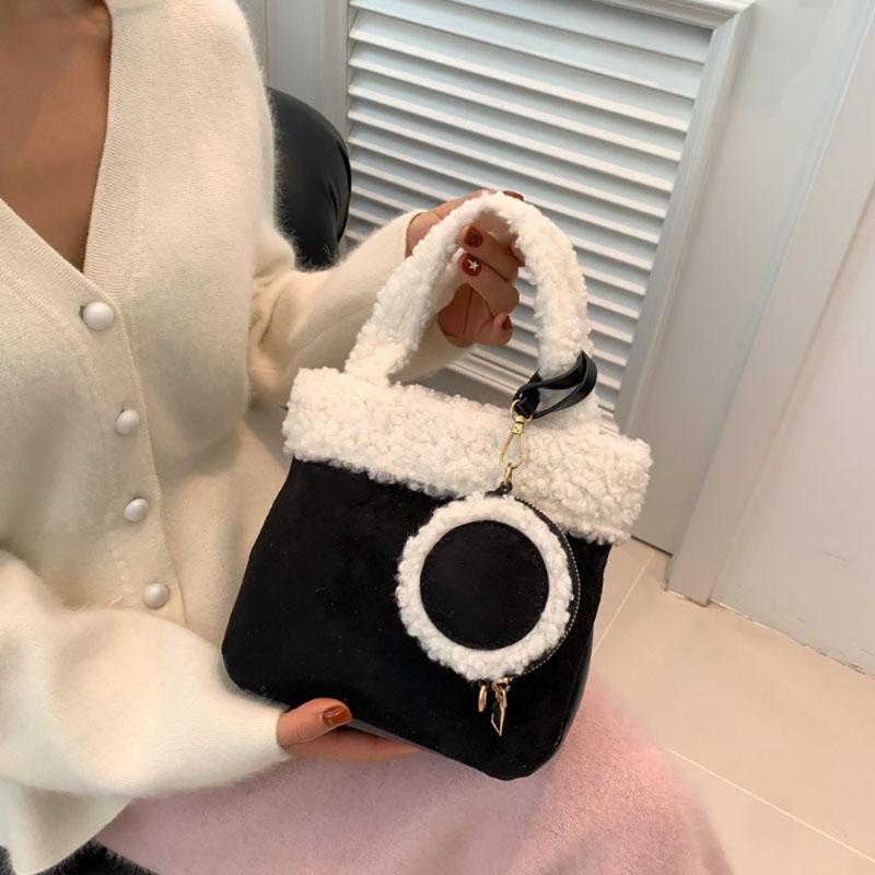 Autumn Winter New Lamb Wool Contrast Color Splice Bag Frosted Texture Korean Popular Handbag Simple Shoulder Crossbody Bag