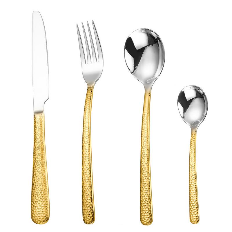 4/8/16Pcs Dinnerware Set 304 Stainless Steel Hammer Pattern Handles Steak Cutlery Fork Spoon Tableware Knives Dishwasher Safe