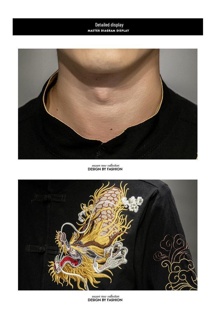 Men's Retro Dragon Embroidery Shirt with Frog Buttons - Casual Short Sleeve, Plus Size