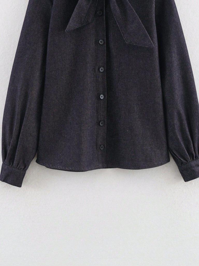 Women's Versatile Bow-Accent Long Sleeve Denim Shirt