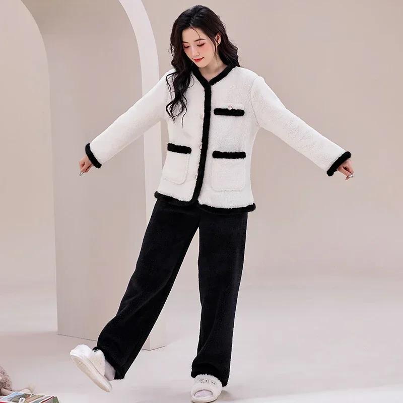 

Зимові товсті теплі фланелеві піжами з довгими рукавами для жінок Кораловий оксамитовий кардиган Піжамний костюм Піжами Домашній одяг Розкішний одяг L