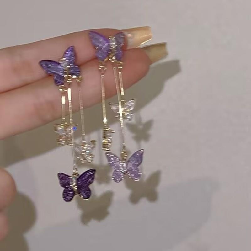 Elegant Red Purple Butterfly Drop Earrings for Women Y2K Bow Butterfly Long Tassel Earring New Year Gift