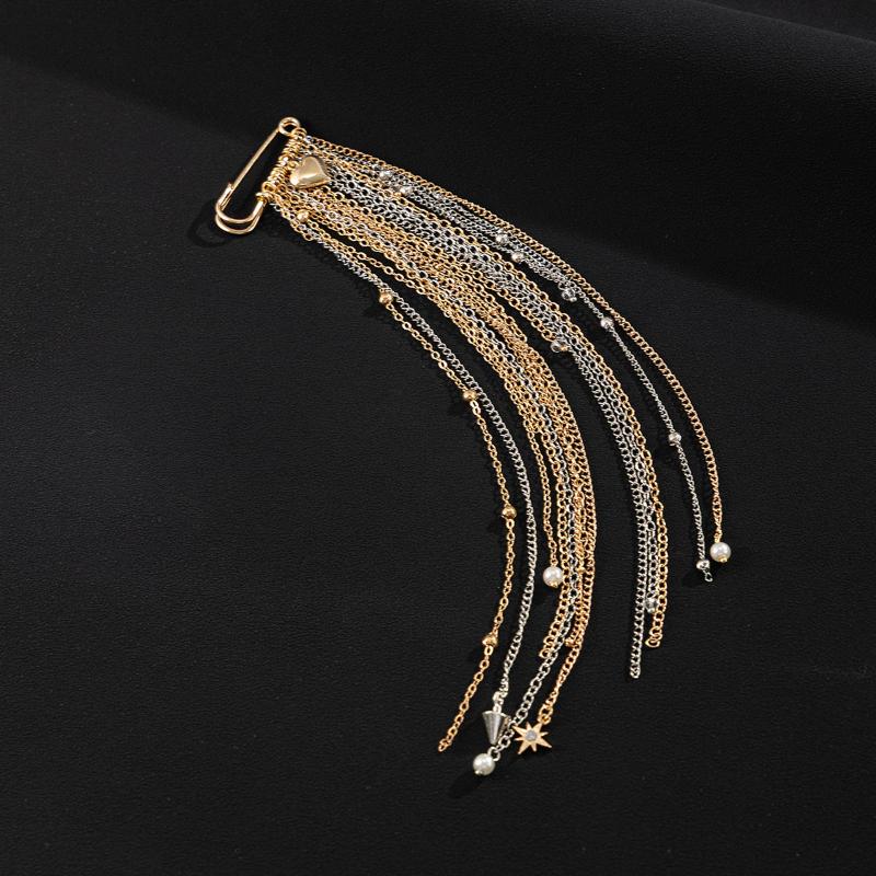 Exaggerated Long Tassel Chain Brooch Metal Heart Pendant Vintage Design Suit Pin Pants Hats Fixed Pin Decorative Accessories