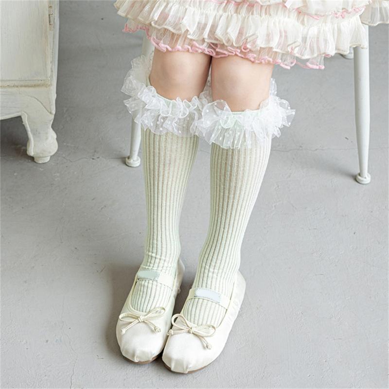 Sweet Style Mesh Dress Socks with Decorative Edge Accent for Toddler Girls Formal Event Under Knee Length Stockings