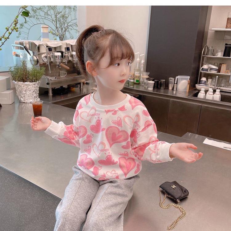 Girls Spring Autumn Cotton Heart Sweatshirt Soft Casual Pullover Top For Kids