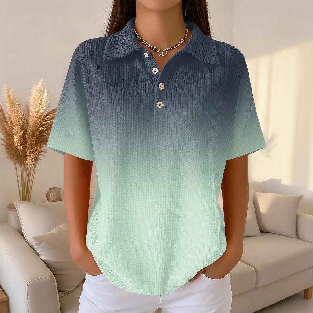 Polo Décontracté à Manches Courtes pour Femme en Tricot Gaufré Col Boutonné Coupe Ample Haut Léger pour un Usage Quotidien