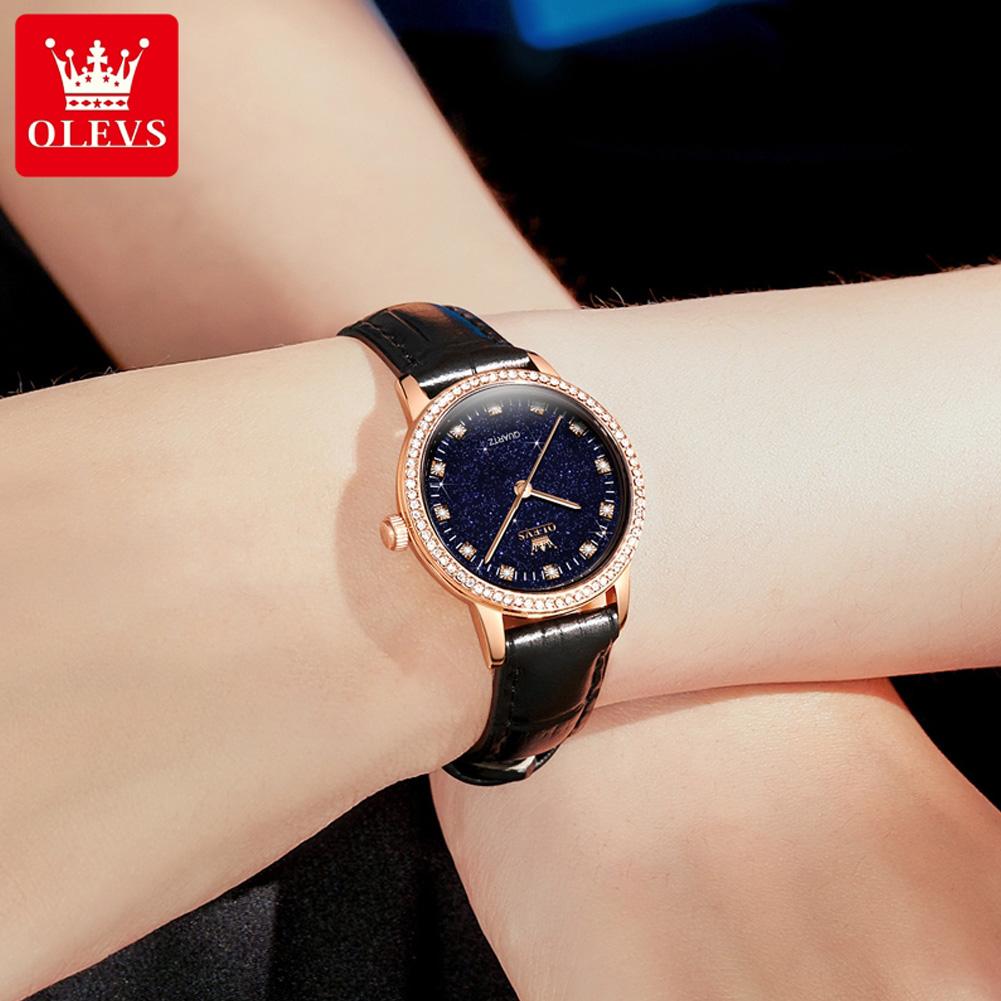 OLEVS Women's Watches Elegant Fashion Quartz Wristwatch for Ladies Diamond Scale Starlight Dial Waterproof Luminous Leather Wristwatch