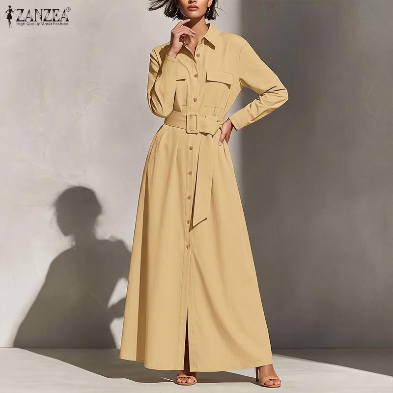ZANZEA Women Formal Casual Turn Down Collar Long Sleeve Loose Long Shirt Dress
