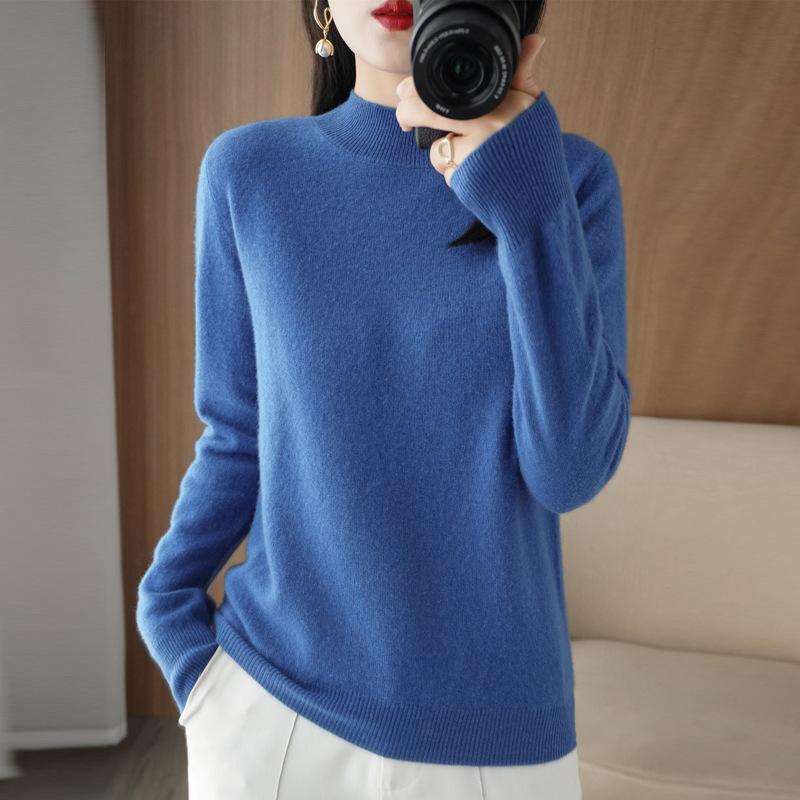 Autumn Winter Sweater Women's Korean Slim Pullover Sweater Half High Neck Knitted Sweater Short Style Solid Color Base Sweater Casual Sweater