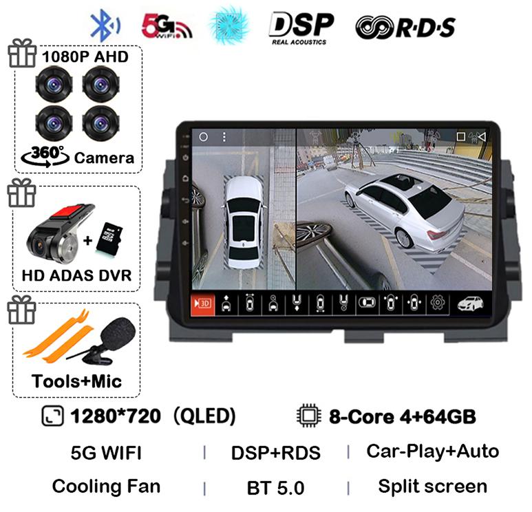 Android 14 Wireless Carplay+Auto For NISSAN MICRA KICKS 2017 2018 2019 Car Radio Multimedia DSP Video Player GPS Navi 360 Camera