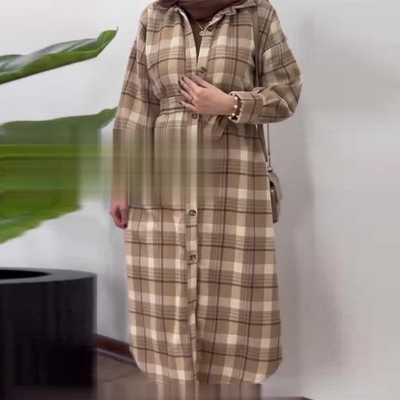 

2024 Autumn European & American Plaid Print Tie Waist Shirt Dress M
