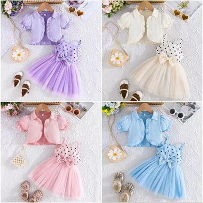 Ensemble de vêtements pour enfants, printemps et été, jupe en maille épissée à col licou + haut pour fille, jupe châle à pois imprimés, 2 pièces
