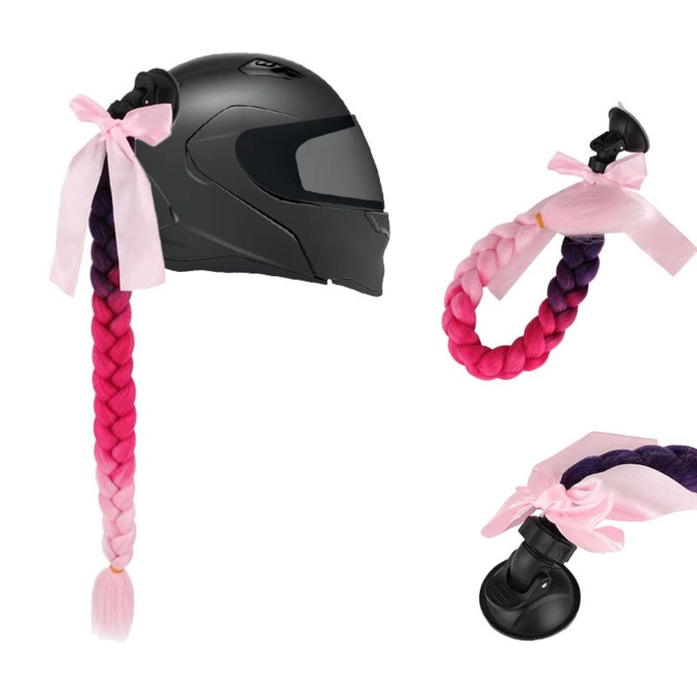 with Suction Cup Synthetic Helmet Pigtails with Bowknot Motorcycle Helmet Braids Wig Woman
