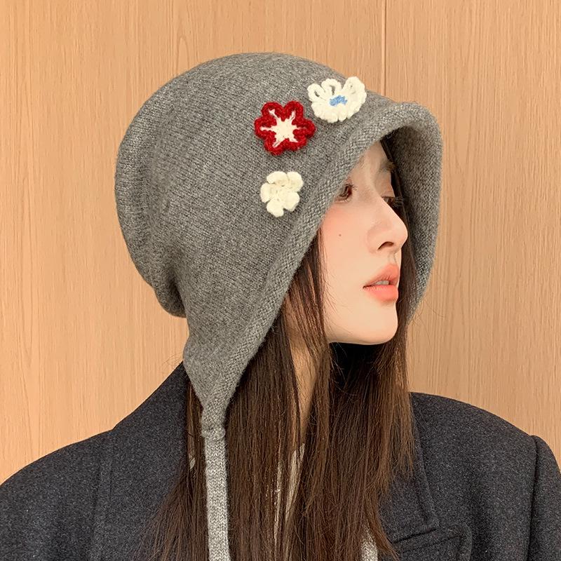 Japanese Style Ear Protection Tie Hat - Women's Windproof, Warm Slouchy Beanie with Floral Wrap for Autumn and Winter