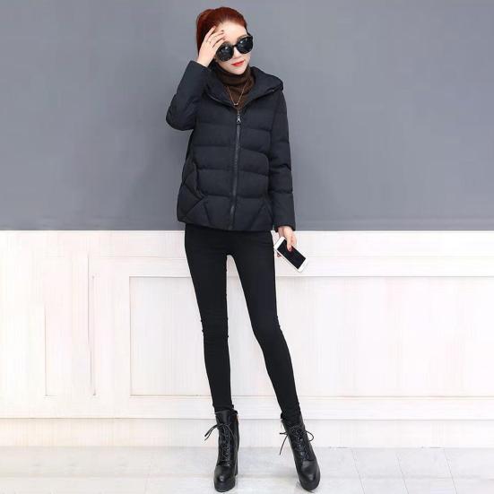 Kvinner vinterhettejakke Ensfarget langermet løs tykk varm bomullsjakke for kaldt vær Matchende Streetwear yttertøy