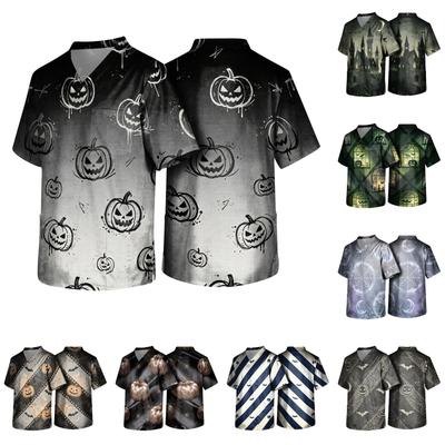 Men's Halloween Print Medical Scrub Top V Neck Tie Pocket Comfortable Fit Daily Workwear for Healthcare Professionals