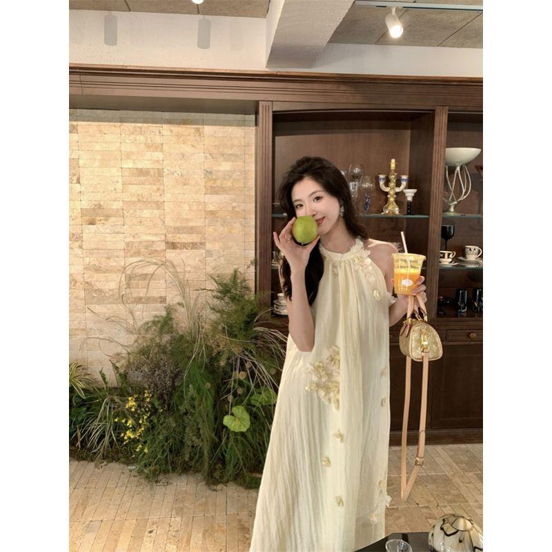 Three-Dimensional Halterneck Summer Elegant Loose A- Line Skirt Flowers